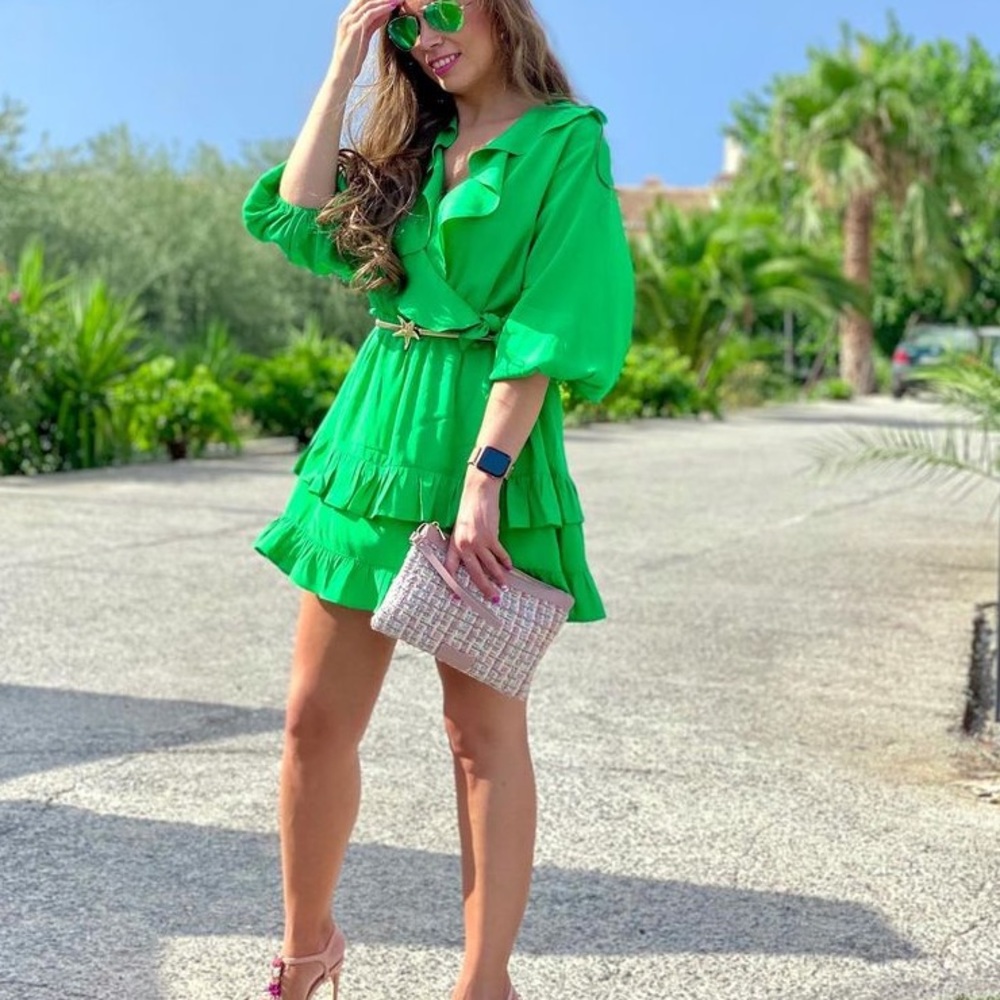 Zara emerald green ruffle faux wrap mini dress